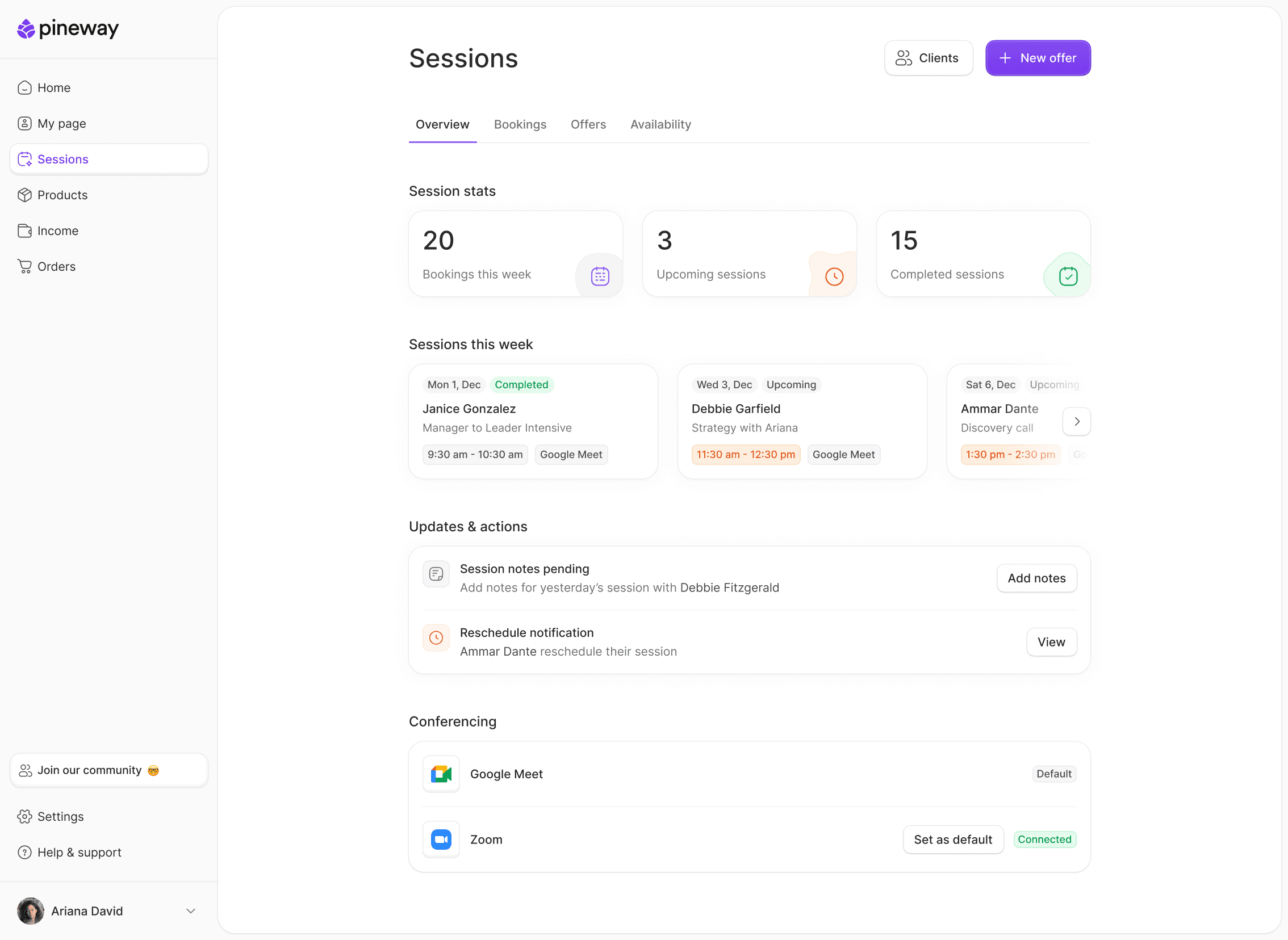 Pineway dashboard showing the sessions overview